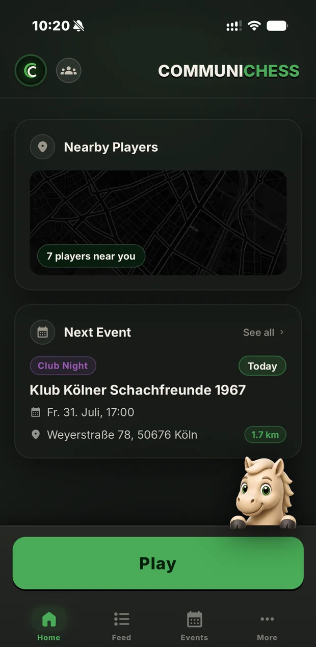 The CommuniChess home screen on iPhone, showing nearby players and the next event