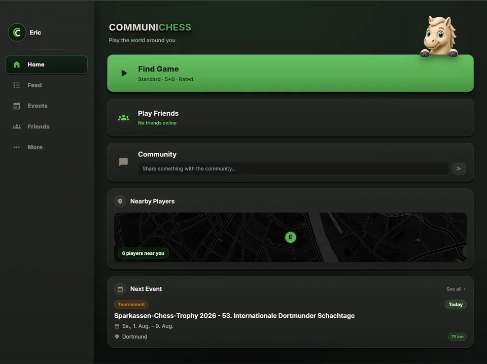 The CommuniChess desktop layout on iPad, showing the nearby players map and next event